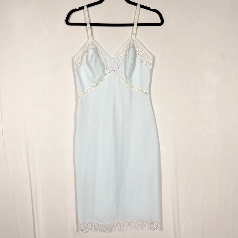 Vtg Baby Blue Lace Trim Full Slip Dress XS/S Adjustable Strap Lingerie Nightgown - Picture 1 of 5